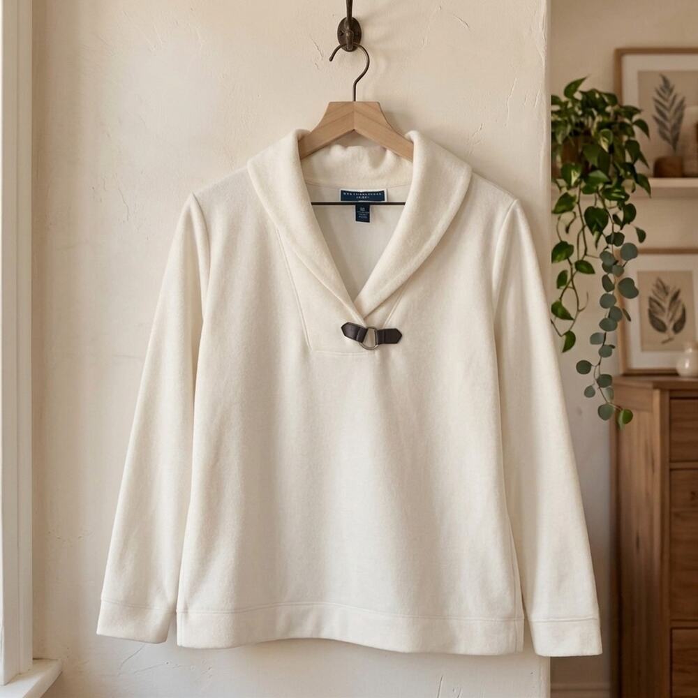 Karen Scott Sport White Buckle Sweater Pullover Faux Leather Trim Preppy XL
